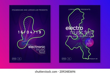 Music fest. Minimal discotheque banner set. Dynamic fluid shape and line. Music fest neon flyer. Electro dance. Electronic trance sound. Techno dj party. Club event poster.