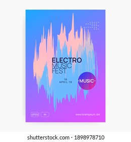 Music fest. Minimal techno event magazine template. Electronic sound. Night dance lifestyle holiday. Fluid holographic gradient shape and line. Summer poster and music fest flyer.