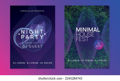 Music fest. Modern discotheque banner set. Dynamic fluid shape and line. Music fest neon flyer. Electro dance. Electronic trance sound. Techno dj party. Club event poster.