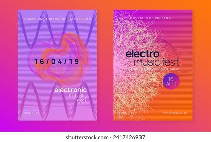 Music fest. Modern discotheque banner set. Dynamic fluid shape and line. Music fest neon flyer. Electro dance. Electronic trance sound. Techno dj party. Club event poster.