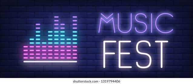 Music fest neon text with equalizer scale. Music, party and disco design. Night bright neon sign, colorful billboard, light banner. Vector illustration in neon style.