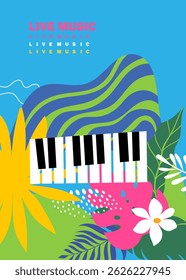 Music fest poster, piano keys among the flowers, music event flyer design