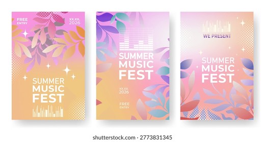 Music fest poster set with vibrant gradient, halftones and abstract floral design, vector illustrations. Template for concert flyers, electro club events, and festival promotions.
