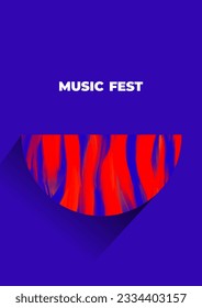 Music fest poster template with brush strokes, geometric shapes. Red and blue zebra pattern. Animal stripes. Hand drawn pattern painted with oil paint. Minimalist style placard, banner, blank, flyer