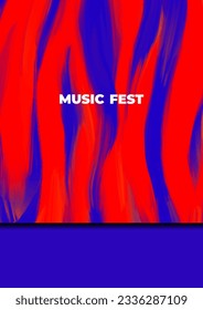 Music fest poster template with brush strokes, geometric shapes. Red and blue zebra pattern. Animal stripes. Hand drawn pattern painted with oil paint. Minimalist style placard, banner, blank, flyer