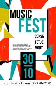 Music fest poster template with hand drawn pattern. Banner with abstract geometric pattern with colorful blocks in red, turquoise and white color. Retro texture. Festival placard with typography 