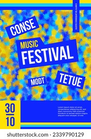 Music fest poster template with hand drawn pattern. Banner with abstract pattern with  with colorful dots. Van Gogh style brush strokes texture. Festival placard with typography