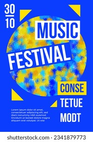 Music fest poster template with hand drawn pattern. Banner with abstract pattern with  with colorful dots. Brush strokes texture. Festival placard with typography