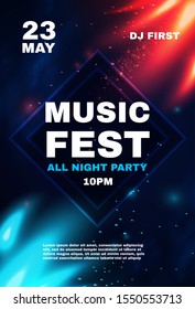 Music Fest Poster Template With Red And Blue Burning Fire. Show, Exhibition, Competition, Birthday And Dance Party Flyer Design.