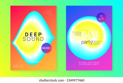 Music fest set. Abstract trance show magazine design. Fluid holographic gradient shape and line. Electronic sound. Night dance lifestyle holiday. Summer poster and music fest flyer.