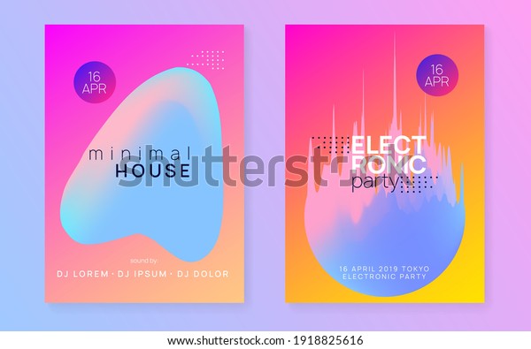 Music fest set.\
Bright electro party magazine template. Electronic sound. Night\
dance lifestyle holiday. Fluid holographic gradient shape and line.\
Summer poster and music fest\
flyer.