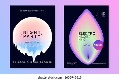 Music fest set. Bright techno show banner design. Electronic sound. Night dance lifestyle holiday. Fluid holographic gradient shape and line. Summer poster and music fest flyer.
