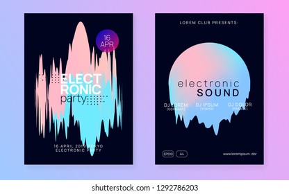 Music fest set. Commercial indie party invitation template. Fluid holographic gradient shape and line. Electronic sound. Night dance lifestyle holiday. Summer poster and music fest flyer.