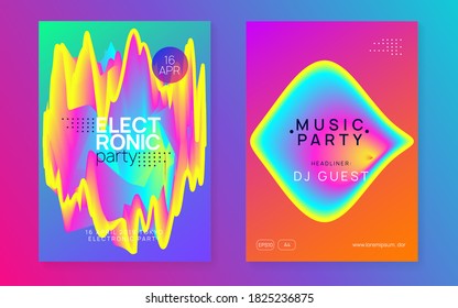 Music fest set. Commercial indie concert presentation template. Fluid holographic gradient shape and line. Electronic sound. Night dance lifestyle holiday. Summer poster and music fest flyer.