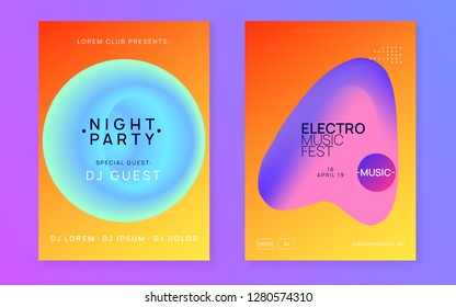 Music fest set. Creative techno concert banner design. Electronic sound. Night dance lifestyle holiday. Fluid holographic gradient shape and line. Summer poster and music fest flyer.