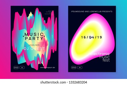 Music fest set. Dynamic indie concert banner layout. Fluid holographic gradient shape and line. Electronic sound. Night dance lifestyle holiday. Summer poster and music fest flyer.