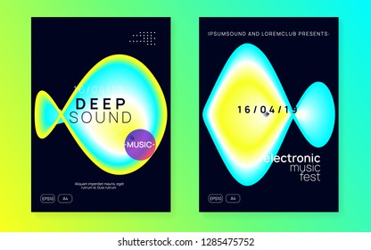Music fest set. Dynamic trance show brochure design. Fluid holographic gradient shape and line. Electronic sound. Night dance lifestyle holiday. Summer poster and music fest flyer.