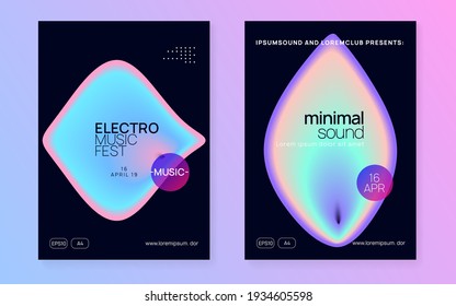 Music fest set. Dynamic trance show invitation layout. Fluid holographic gradient shape and line. Electronic sound. Night dance lifestyle holiday. Summer poster and music fest flyer.