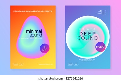 Music fest set. Electronic sound. Night dance lifestyle holiday. Cool techno event brochure layout. Fluid holographic gradient shape and line. Summer poster and music fest flyer.