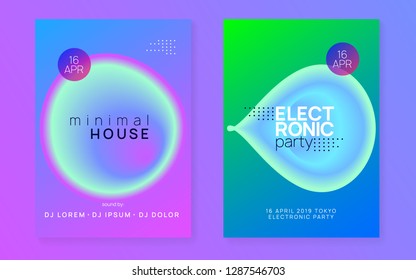 Music fest set. Electronic sound. Night dance lifestyle holiday. Fluid holographic gradient shape and line. Creative techno concert presentation layout. Summer poster and music fest flyer.