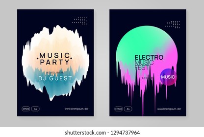 Music fest set. Electronic sound. Night dance lifestyle holiday. Fluid holographic gradient shape and line. Geometric indie concert magazine design. Summer poster and music fest flyer.