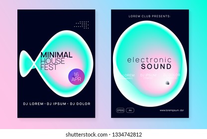 Music fest set. Electronic sound. Night dance lifestyle holiday. Creative techno club presentation layout. Fluid holographic gradient shape and line. Summer poster and music fest flyer.