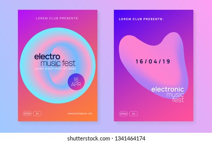 Music fest set. Electronic sound. Night dance lifestyle holiday. Fluid holographic gradient shape and line. Cool trance show magazine template. Summer poster and music fest flyer.