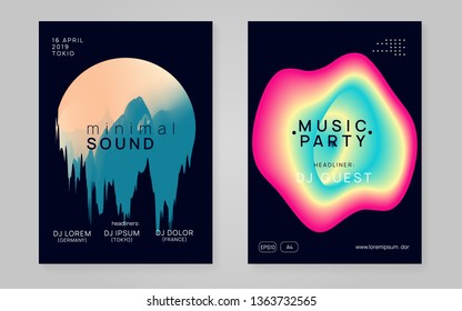 Music fest set. Electronic sound. Night dance lifestyle holiday. Fluid holographic gradient shape and line. Minimal indie concert invitation layout. Summer poster and music fest flyer.