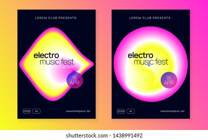 Music fest set. Electronic sound. Night dance lifestyle holiday. Fluid holographic gradient shape and line. Dynamic disco party magazine design. Summer poster and music fest flyer.
