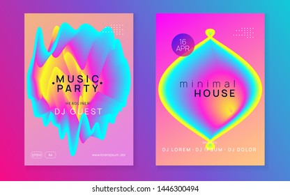 Music fest set. Electronic sound. Night dance lifestyle holiday. Fluid holographic gradient shape and line. Trendy trance concert invitation template. Summer poster and music fest flyer.