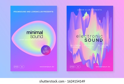 Music fest set. Electronic sound. Night dance lifestyle holiday. Fluid holographic gradient shape and line. Feminine house club cover design. Summer poster and music fest flyer.