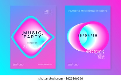 Music fest set. Electronic sound. Night dance lifestyle holiday. Fluid holographic gradient shape and line. Bright disco show invitation layout. Summer poster and music fest flyer.