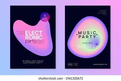 Music fest set. Electronic sound. Night dance lifestyle holiday. Fluid holographic gradient shape and line. Futuristic techno event brochure design. Summer poster and music fest flyer.