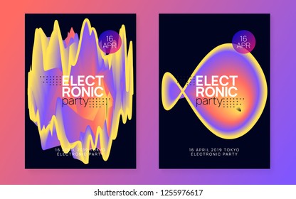 Music fest set. Fluid holographic gradient shape and line. Electronic sound. Night dance lifestyle holiday. Commercial indie show cover design. Summer poster and music fest flyer.
