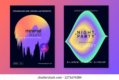 Music fest set. Fluid holographic gradient shape and line. Futuristic techno party banner design. Electronic sound. Night dance lifestyle holiday. Summer poster and music fest flyer.