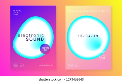 Music fest set. Fluid holographic gradient shape and line. Electronic sound. Night dance lifestyle holiday. Creative house concert presentation design. Summer poster and music fest flyer.