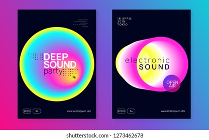 Music fest set. Fluid holographic gradient shape and line. Geometric house party brochure layout. Electronic sound. Night dance lifestyle holiday. Summer poster and music fest flyer.