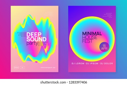 Music fest set. Fluid holographic gradient shape and line. Wavy electro concert brochure layout. Electronic sound. Night dance lifestyle holiday. Summer poster and music fest flyer.