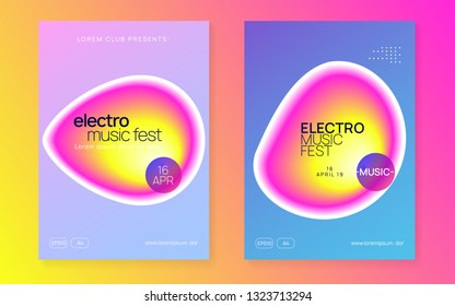 Music fest set. Fluid holographic gradient shape and line. Electronic sound. Night dance lifestyle holiday. Feminine trance show magazine layout. Summer poster and music fest flyer.