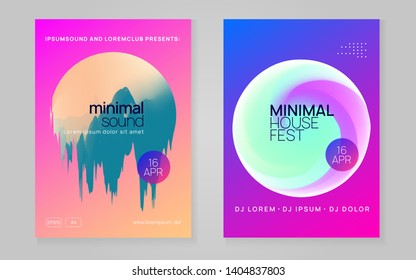 Music fest set. Fluid holographic gradient shape and line. Electronic sound. Night dance lifestyle holiday. Cool disco event presentation layout. Summer poster and music fest flyer.