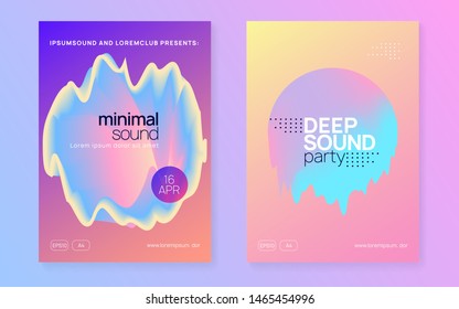 Music fest set. Fluid holographic gradient shape and line. Electronic sound. Night dance lifestyle holiday. Futuristic indie show banner template. Summer poster and music fest flyer.