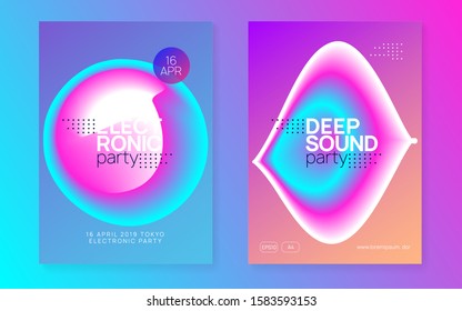 Music fest set. Fluid holographic gradient shape and line. Futuristic indie party magazine design. Electronic sound. Night dance lifestyle holiday. Summer poster and music fest flyer.