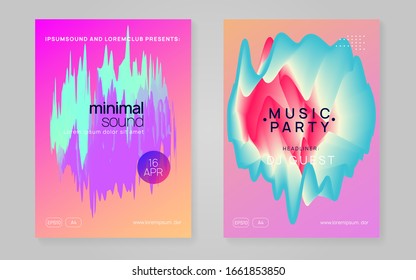 Music fest set. Fluid holographic gradient shape and line. Modern house club banner layout. Electronic sound. Night dance lifestyle holiday. Summer poster and music fest flyer.