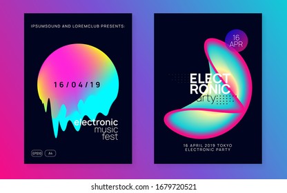 Music fest set. Fluid holographic gradient shape and line. Electronic sound. Night dance lifestyle holiday. Cool electro show presentation design. Summer poster and music fest flyer.