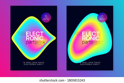Music fest set. Fluid holographic gradient shape and line. Wavy trance party banner design. Electronic sound. Night dance lifestyle holiday. Summer poster and music fest flyer.