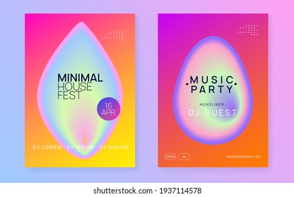 Music fest set. Fluid holographic gradient shape and line. Electronic sound. Night dance lifestyle holiday. Feminine electro party cover layout. Summer poster and music fest flyer.