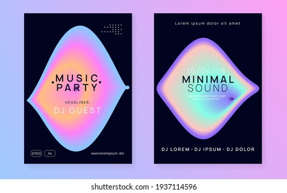 Music fest set. Fluid holographic gradient shape and line. Electronic sound. Night dance lifestyle holiday. Futuristic disco party magazine template. Summer poster and music fest flyer.