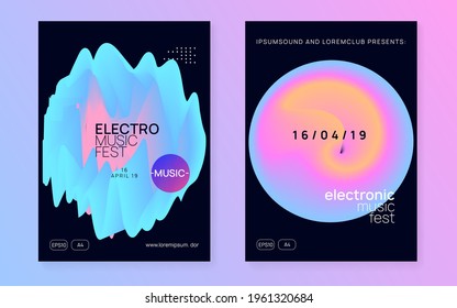 Music fest set. Fluid holographic gradient shape and line. Electronic sound. Night dance lifestyle holiday. Cool disco show presentation layout. Summer poster and music fest flyer.