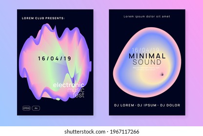 Music fest set. Fluid holographic gradient shape and line. Futuristic techno event presentation design. Electronic sound. Night dance lifestyle holiday. Summer poster and music fest flyer.