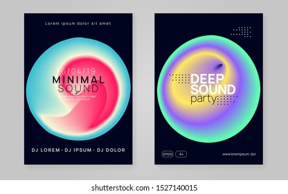 Music fest set. Geometric house club presentation template. Fluid holographic gradient shape and line. Electronic sound. Night dance lifestyle holiday. Summer poster and music fest flyer.